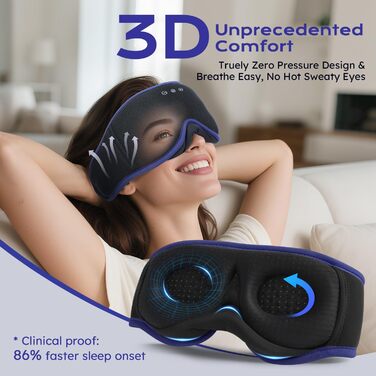 Маска для сну LC-Dolida 3D Bluetooth з навушниками для жінок та чоловіків, повна світлоблокада та комфорт на всю ніч. М'яка маска для сну з навушниками, ідеальна для подорожей та сну в ліжку (Блакитна)