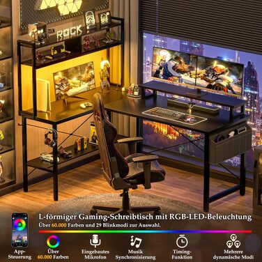 Ігровий кутовий стіл iSunirm L-подібний з LED-підсвіткою, розетками, підставкою для монітора та полицею, чорний