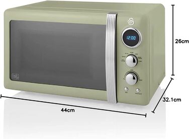 Мікрохвильова піч Swan Retro SM22030GNEU, 20 л, 800 Вт, 5 режимів, розморожування, таймер 60 хв, зелена, вінтажний дизайн, дзеркальні дверцята, 27 см тарілка