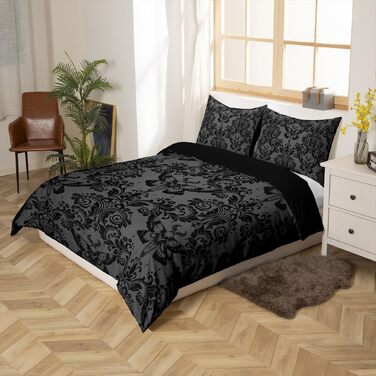 Комплект постільної білизни Homemissing Vintage Damaskus: підковдра 140x200 см, готичний стиль з квітами та черепами, орієнтальний бохо дизайн, чорний, 2 предмети