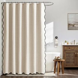 Шторка для душу MIULEE 120x200 см, льонова текстура, бежева, з чорною окантовкою, водонепроникна, антигрибкова, з 8 кільцями, для ванної кімнати