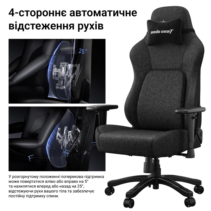 Крісло геймерське ігрове Anda Seat Phantom 4 L до 90 кг Gray Fabric (AD18YSD-72-G-F-G01)