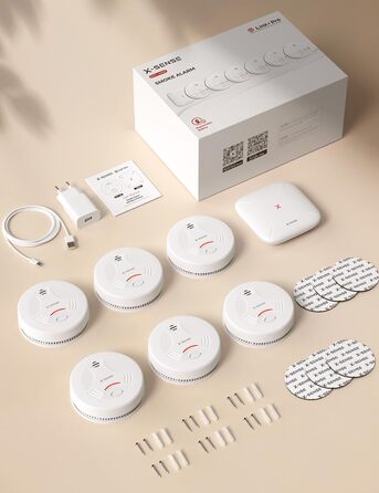 X-Sense Розумний димовий сповіщувач Wi-Fi з магнітною кріпленням, сертифікований EN 14604, мережевий димовий сповіщувач, керування через додаток, з базовою станцією SBS50, бездротовий димовий сповіщувач, SD11-MR61, комплект з 6 шт. білий