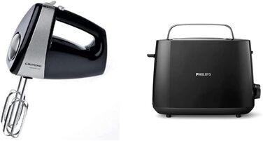 Набір: ручний міксер Grundig HM 5040 300 Вт чорний-сріблястий + тостер Philips HD2581/90 на 2 тости, 8 режимів, підставка для булочок, функція розморожування, автоматичне вимкнення, чорний