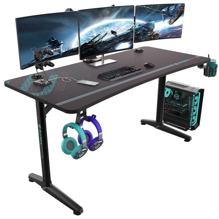 Ігровий стіл EUREKA ERGONOMIC 152x70 см - великий комп'ютерний стіл для геймерів з підставкою для навушників та тримачем для напоїв, чорний