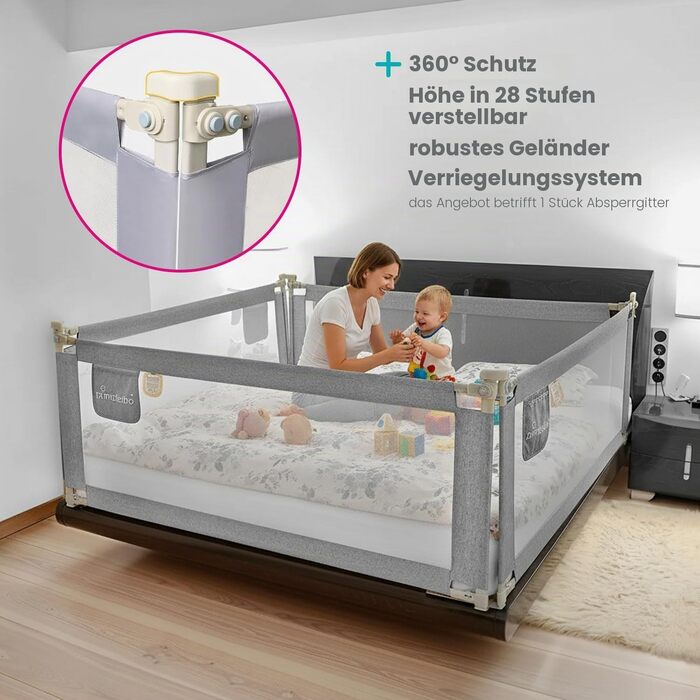 Комплект захисних бортиків для дитячого ліжка Primabobo (3 шт: 2x200 см + 1x160 см), сірий — захист від випадіння з ліжка з малюнком