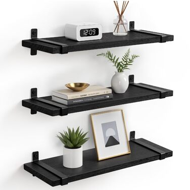 Набір настінних полиць Gronda Holz 3 шт. чорного кольору 60 см (40x12x1.5 см) - полиці без свердління для кухні, ванної, вітальні, книжкові полиці в стилі вінтаж
