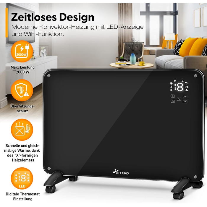 Електричний скляний конвектор TRESKO 2000Вт з WiFi, сенсорним керуванням і LCD-дисплеєм, настінний або підлоговий, чорний