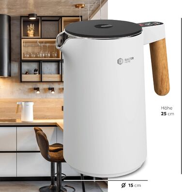 Електричний чайник BALTER з регулюванням температури, 1.5L, 2200W, нержавіюча сталь, без BPA, подвійні стінки, сірий