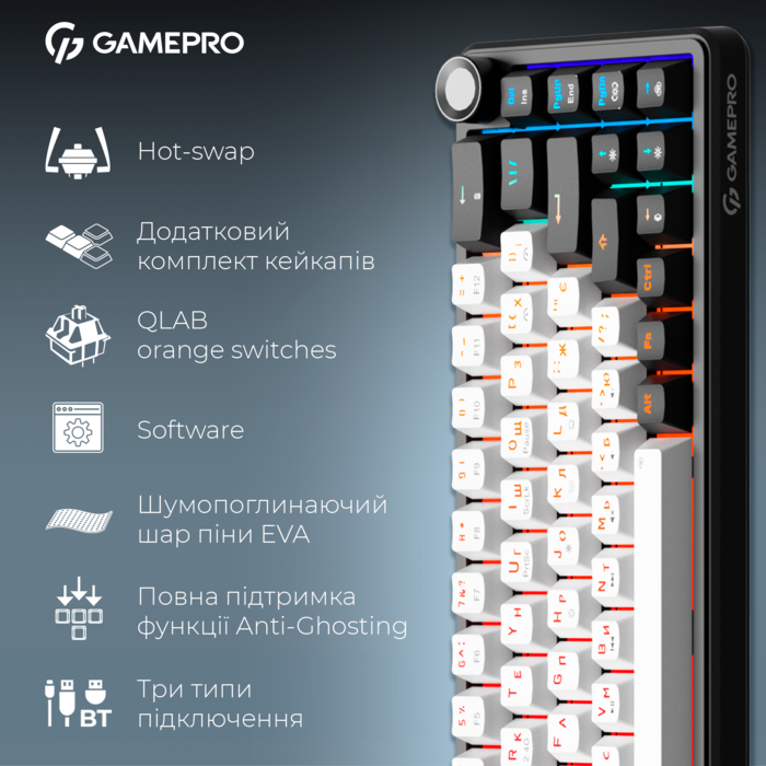 Бездротова механічна клавіатура GamePro Asgard Valhalla  (MK210B Pro) 65% QLAB orange switches