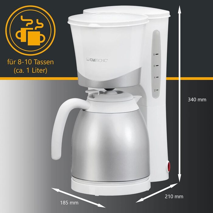 Кавоварка Clatronic KA 3327 з термокухлем, фільтраційна, 1 л, 8-10 чашок, авто-вимкнення, біла
