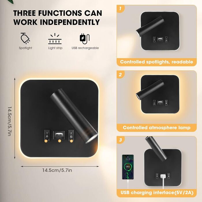 Комплект з 2 LED настінних світильників для інтер’єру з вимикачем і USB, 12W, 360° поворот, сучасна настінна лампа 3000K тепле біле світло для спальні та вітальні