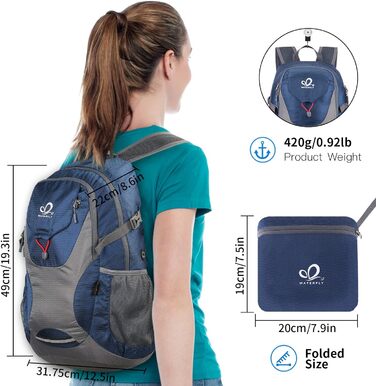 Складаний рюкзак WATERFLY 30L для походів, водонепроникний, ультралегкий, з відділенням для вологих речей, для чоловіків і жінок, темно-синій, для туризму, подорожей та прогулянок