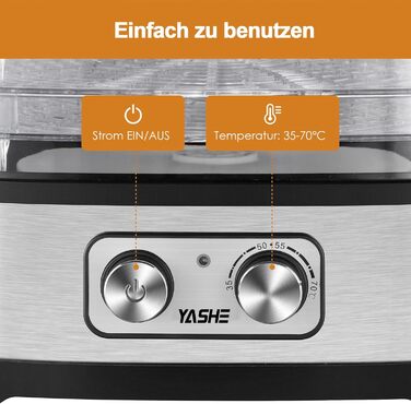 Електричний дегідратор YASHE GGJ-261A з 5 рівнями, регулюванням температури 35-70°C, 240W для фруктів та овочів, BPA-free, кнопкове керування