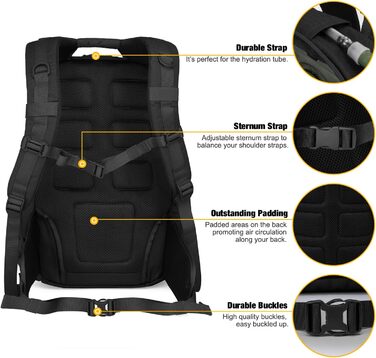 Mardingtop тактичний військовий рюкзак 40л з MOLLE, чорний, для туризму, походів і кемпінгу