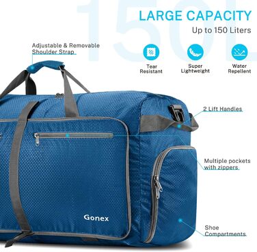 Складана дорожня сумка Gonex 150 л, легка спортивна сумка для подорожей, тренажерного залу, відпочинку, темно-синя
