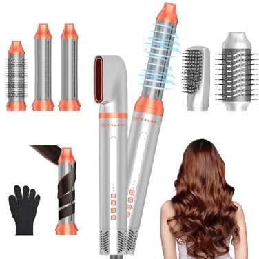 Hairstyler 5-в-1 з ефектом Coandă: Фен-щітка, автоматичний завивач, кругла щітка для об'єму та сушіння (Помаранчевий)