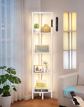 LED торшер з полицею, 3 режими світла, димування (сенсор/пульт), кутова полиця 5-рівнів, вузький книжковий стелаж для вітальні, спальні, офісу (білий)