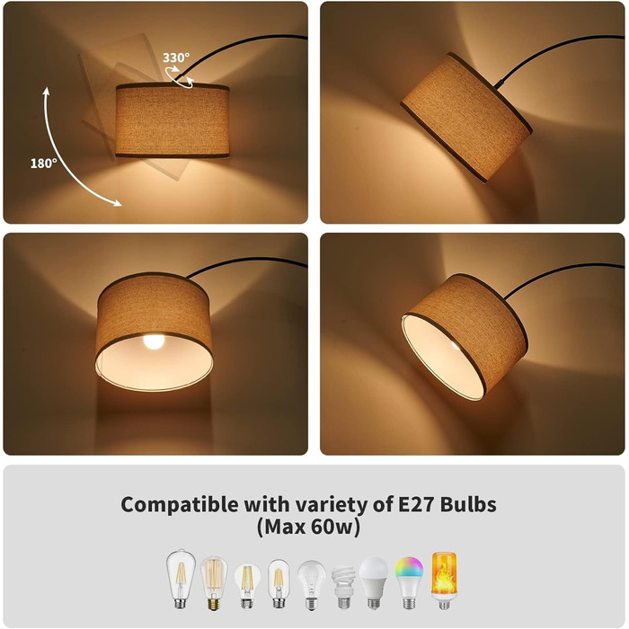 Декоративна торшер-аркова лампа Modlicht JASMIN, LED E27 9W, 3000K, тканинний абажур Ø33 см, лляний бежевий, 165-180 см, для вітальні, спальні, офісу, готелю