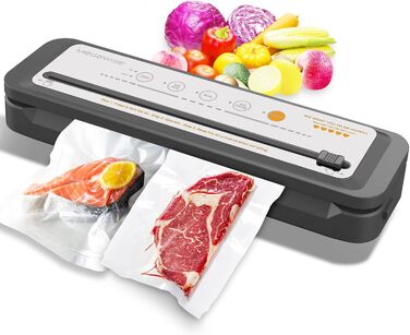 Вакууматор Megawise для продуктів 80 кПа, автоматичний вакуумний пакувальник з режимами для сухих та вологих продуктів, сріблястий (набір з 10 пакетами та різаком)