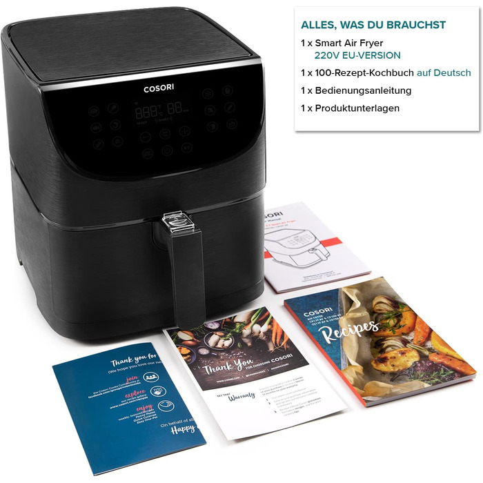 Розумна аерофритюрниця COSORI Smart WiFi 5,5л XXL з 13 програмами, керуванням через додаток та набором аксесуарів (6 предметів)