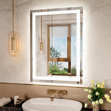 LED дзеркало для ванної кімнати 60x80 см з підсвічуванням, сенсорне, регульоване, 3 кольори світла, антизапар, IP44, вертикальна/горизонтальна установка