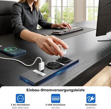 Ігровий стіл L-подібний з LED підсвіткою, 3 шухляди, USB-порт, розетка, чорний 140x80 см