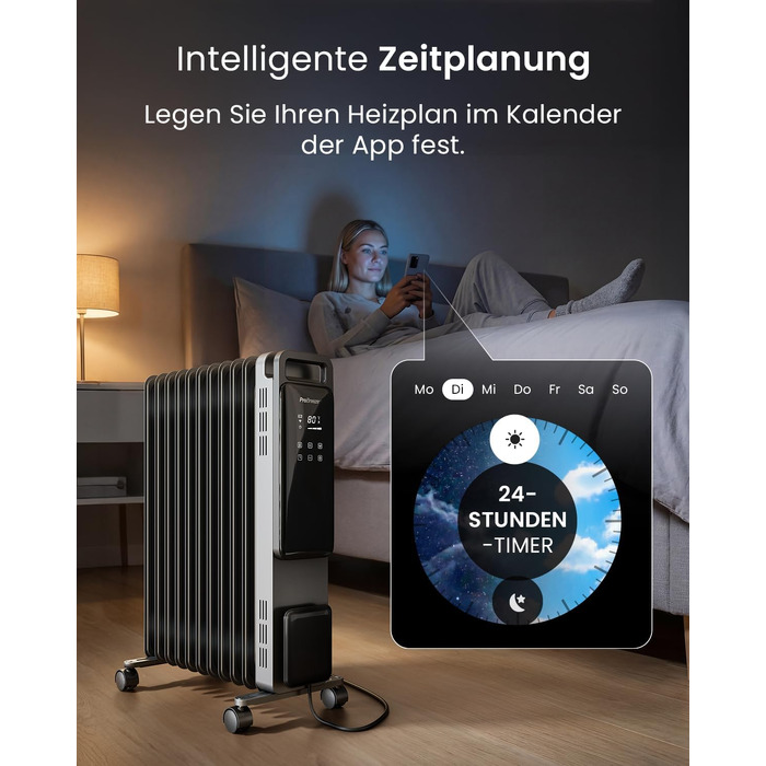 Розумний електричний масляний радіатор Pro Breeze 2500Вт, 11 секцій, з керуванням через Wi-Fi (Smart App), термостатом, таймером на 24г та сенсорним дисплеєм, сріблястий