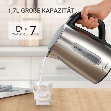 Електрочайник Midea 1,7 л з регулюванням температури, нержавіюча сталь, 2200 Вт, вікно рівня води, підтримка тепла 60 хв