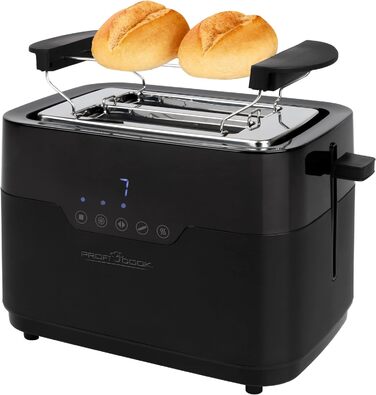 Тостер ProfiCook на 2 скибки з насадкою для булочок, широким отвором, 7 режимів підсмажування, функція розморожування, сенсорне керування, нержавіюча сталь, чорний матовий
