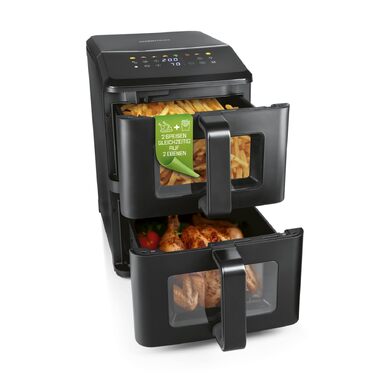 Аерофритюрниця GOURMETmaxx AirGenius 10Л з двома камерами по 5Л, сенсорним керуванням та 10 програмами приготування, подвійна чаша для родини до 8 осіб