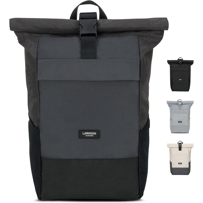 Рюкзак LARKSON Rolltop для жінок і чоловіків, водостійкий, для ноутбука, подорожей, роботи, університету, велосипедний, чорний/сірий, універсальний розмір