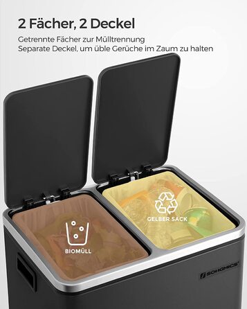 Сортувальний смітник SONGMICS для кухні, 2×15 л, сталевий, двосекційний, педальний, з м'яким закриттям, чорний