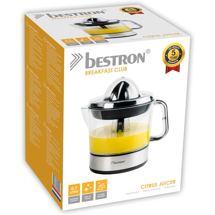 Цитрусовий прес електричний Bestron Black & Wood 0.7л, сріблястий. Подвійний конус, кришка для аромату