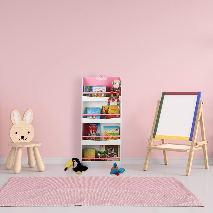 Дитяча книжкова полиця Relaxdays, 124x50,5x15 см, 4 секції, МДФ, біло-рожева, з малюнком лебедя