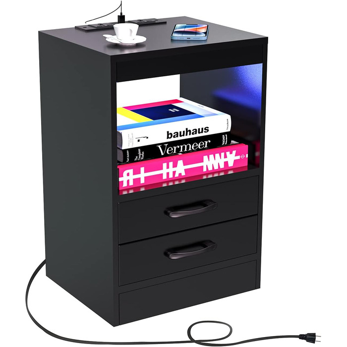 Прикроватна тумба Lvhecforhm з LED-підсвіткою, USB та розетками, чорна, з висувною шухлядою і відкритими полицями, 40x35x60 см