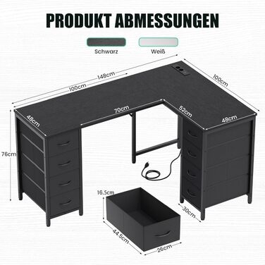 Кутовий письмовий стіл YOUDENOVA 150x100 см з шухлядами, розеткою та USB-зарядом, чорний