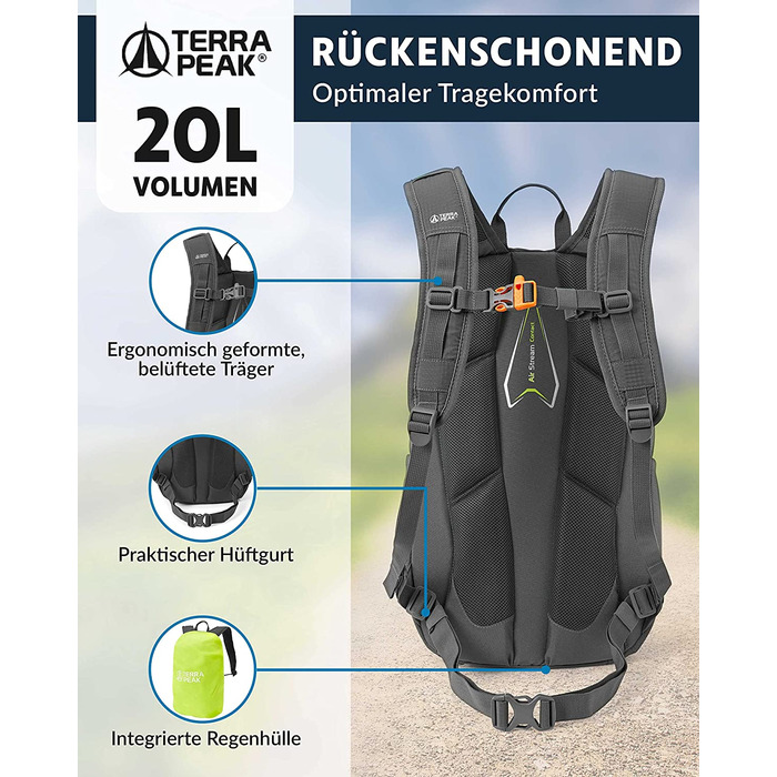 Рюкзак Terra Peak Flex 20 Premium 20 л з вентиляцією спини, питною системою та дощовиком – туристичний рюкзак з дихаючого 3D Air Mesh поліестеру з поясом на стегна для походів та активного відпочинку