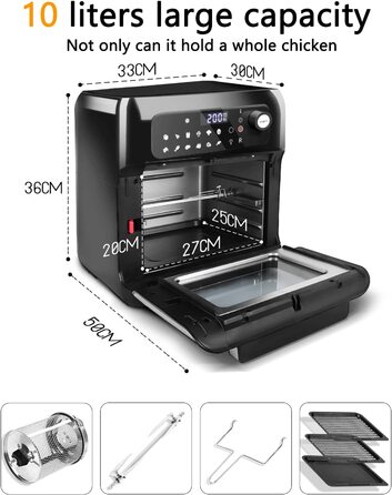 Аерофритюрниця Uten 10 л, 12-в-1, LED-дисплей, 1500 Вт, нержавіюча сталь, з аксесуарами та рецептурником, чорна