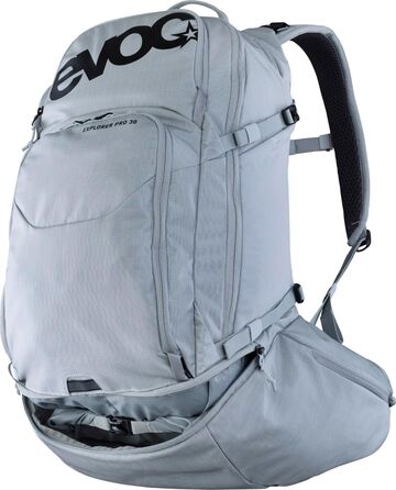 Рюкзак EVOC EXPLORER PRO 30 л срібний, система AIR FLOW CONTACT, AIRO FLEX пояс, відсік для питної системи та дощовик, комфортний міський та туристичний рюкзак преміум-класу