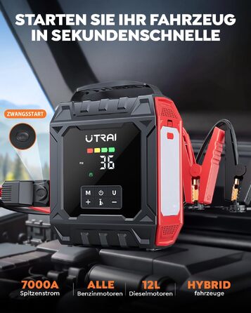 Пусковий пристрій UTRAI 7000A з компресором 160 PSI та Powerbank для авто (бензин та дизель до 12л), магнітний ліхтар 1000 Лм, червоний