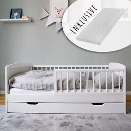 Дитяче ліжко Kids Collective 70x140 см з матрацом, висувною шухлядою, рейковим дном і бортиком безпеки, біле, з ящиком для білизни, виготовлене в Європі, для дітей до 6 років