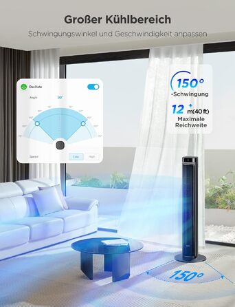 Вентилятор Tower GoveeLife Leiser: Розумний вежний вентилятор з 12 швидкостями, таймером, осциляцією 150° та керуванням через додаток (чорний матовий)