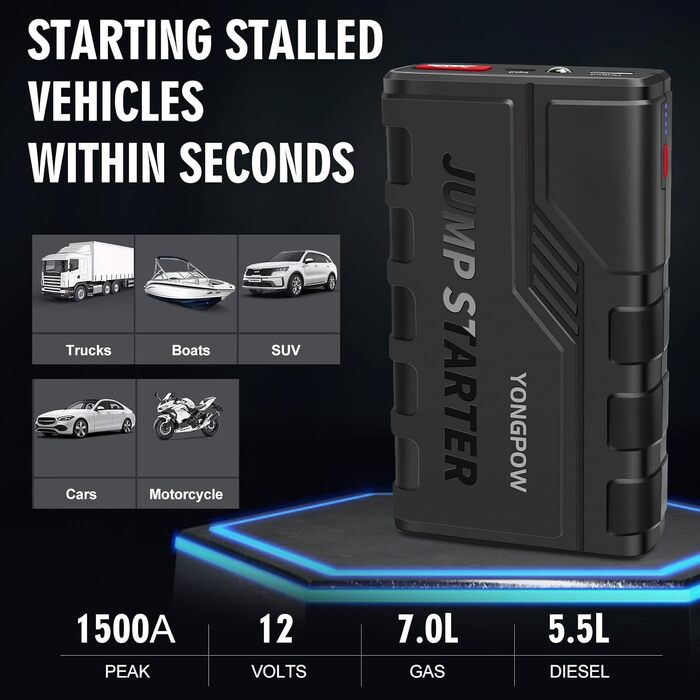 Бустер для автомобіля Starthilfe Powerbank 1500A 12V — Пусковий зарядний пристрій (джамп-стартер) для бензинових (до 7.0L) та дизельних (до 5.5L) двигунів, з LED-ліхтарем та USB-портом