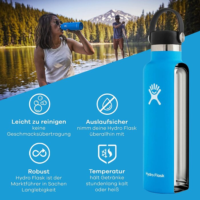 Термобутилка HYDRO FLASK 621 мл із нержавіючої сталі, ізольована спортивна пляшка з герметичною кришкою Flex, індиго, підходить для посудомийної машини, вузька горловина
