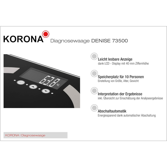 Електронні ваги Korona 73500 DENISE для аналізу складу тіла: жиру, води, м’язів, до 180 кг, чорні