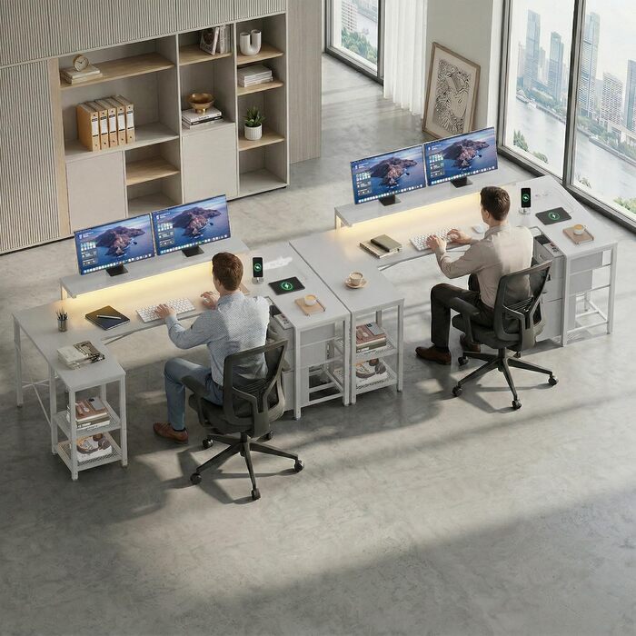 Ігровий стіл Devoko кутовий з LED, 3 шухляди, 170x95x75 см, білий - з регульованою полицею, розетками та USB