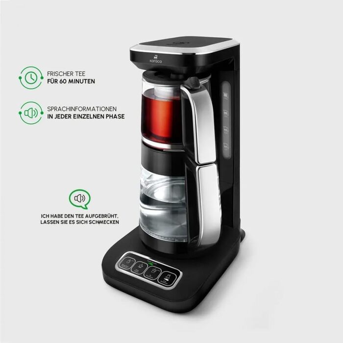 Чайоварка-робот Karaca Çaysever Pro 4-в-1: чайник, фільтр-кавоварка, 2500W, чорний/хром, з індикатором свіжості та голосовими підказками, об'єм 0,8 л (чайник) та 1,5 л (резервуар для води)