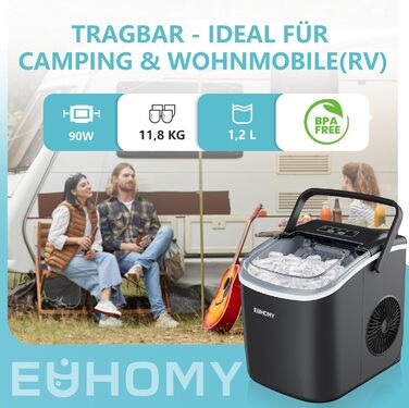 Машина для приготування льоду EUHOMY, 12 кг/24 год, чорна, самоочисна, 1.2 л