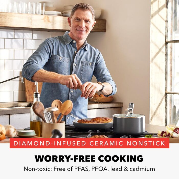 Набір посуду GreenPan x Bobby Flay 13 предметів: професійний алюміній, керамічне антипригарне покриття без PFAS/PFOA, індукційний, силіконовий ручка, безпечний для миття в посудомийній машині (каструля 2.53 л з кришкою, сірий (Графіт//Nature's Deligh